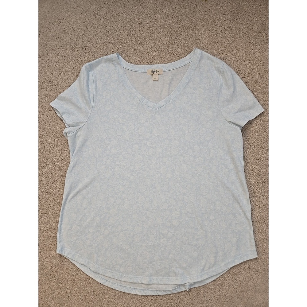 Style & Co Women Small Print Cotton Blend Printed T-Shirt Size L Blue White Flow